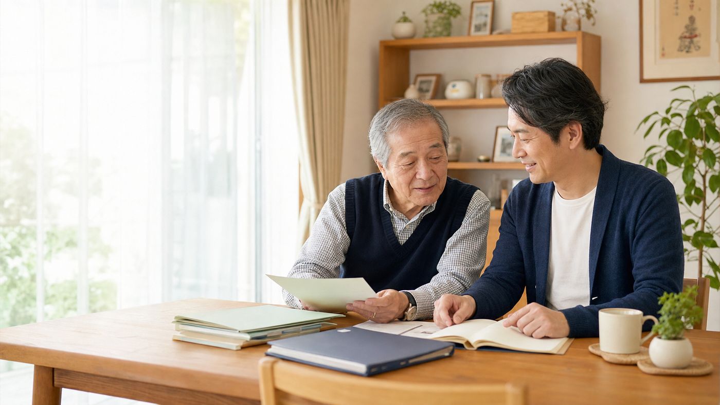 親子が自宅の食卓で老後準備の書類を一緒に確認している様子