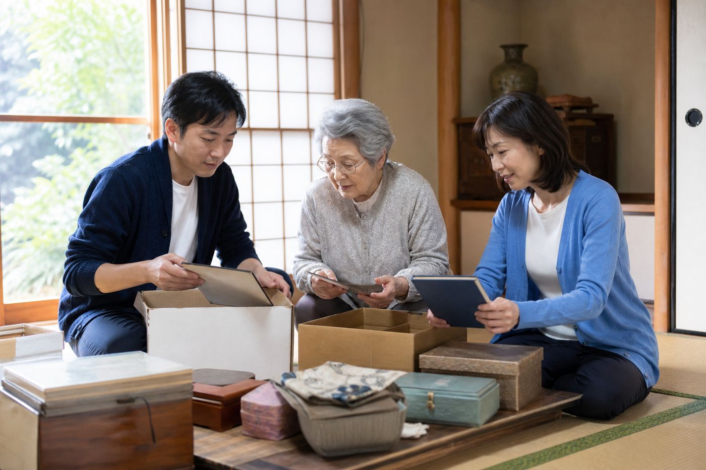 家族で実家の思い出の品を整理しながら片付けている様子