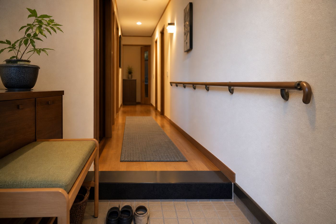 手すりを設置した安全な住まいで暮らす高齢者